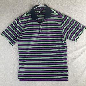 FJ Foot Joy Polo Shirt Mens Large Black Green Striped Legends Golf Club Logo